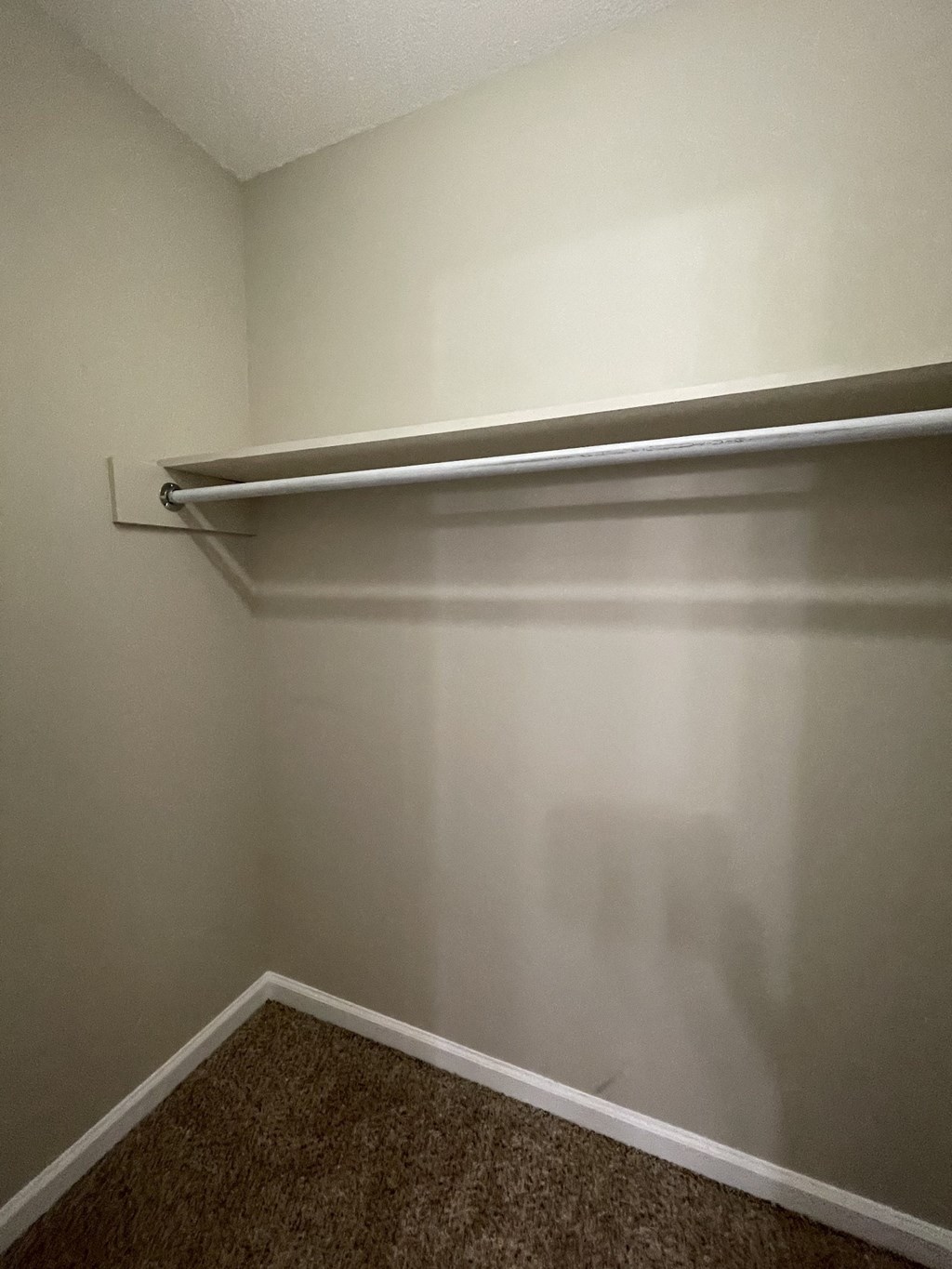 A white wall with a shelf and carpeted floor.