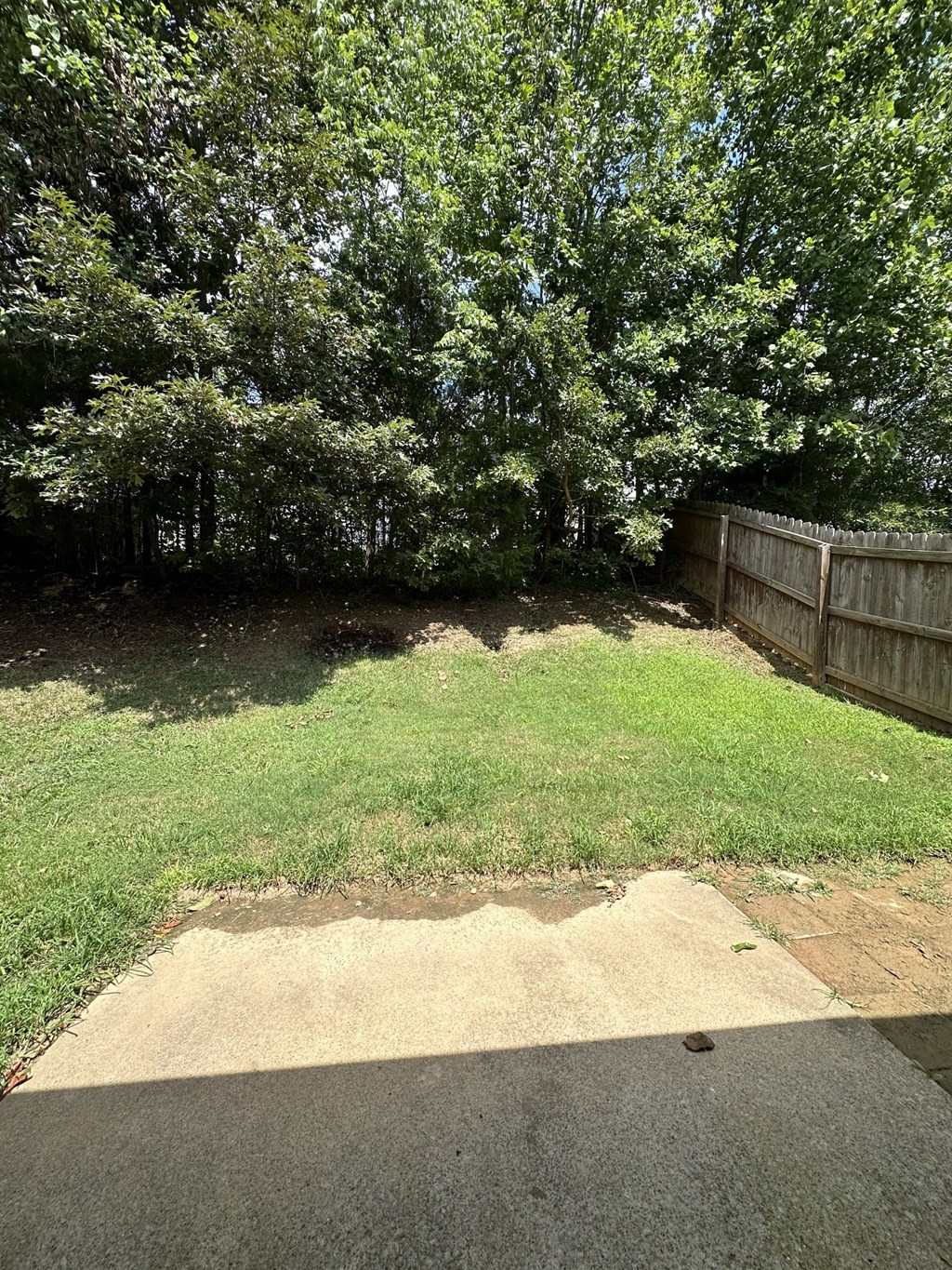 a yard with a fence and grass and trees