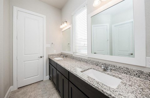 a bathroom with two sinks and a large mirror