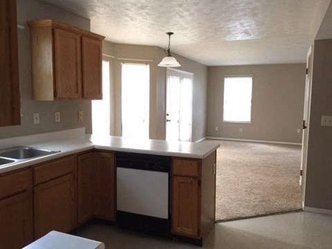 A kitchen with wooden cabinets and a white sink.