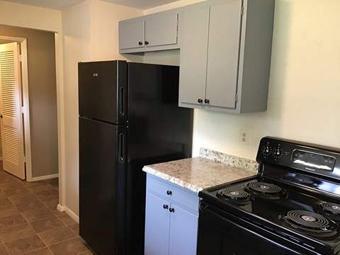 a kitchen with black appliances and white cabinets and a black refrigerator