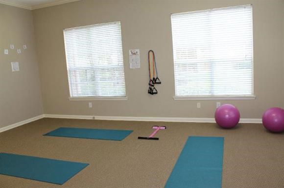 a yoga room with yoga mats and a pink exercise ball