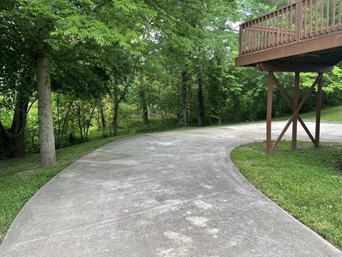 A concrete walkway leads to a wooden deck surrounded by trees.