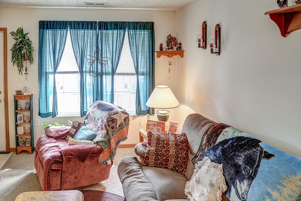 a living room with a couch and a chair and a window