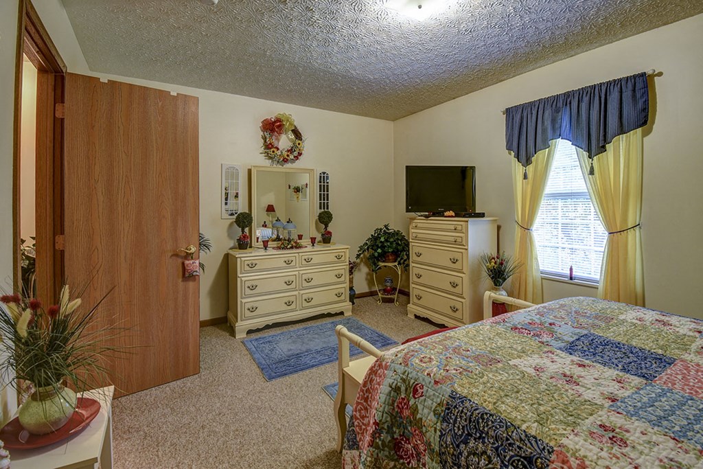 a bedroom with a bed and dresser and a tv