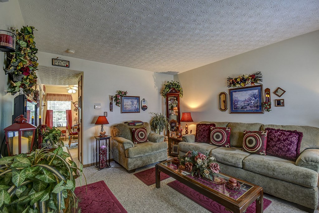 a living room with couches and a coffee table