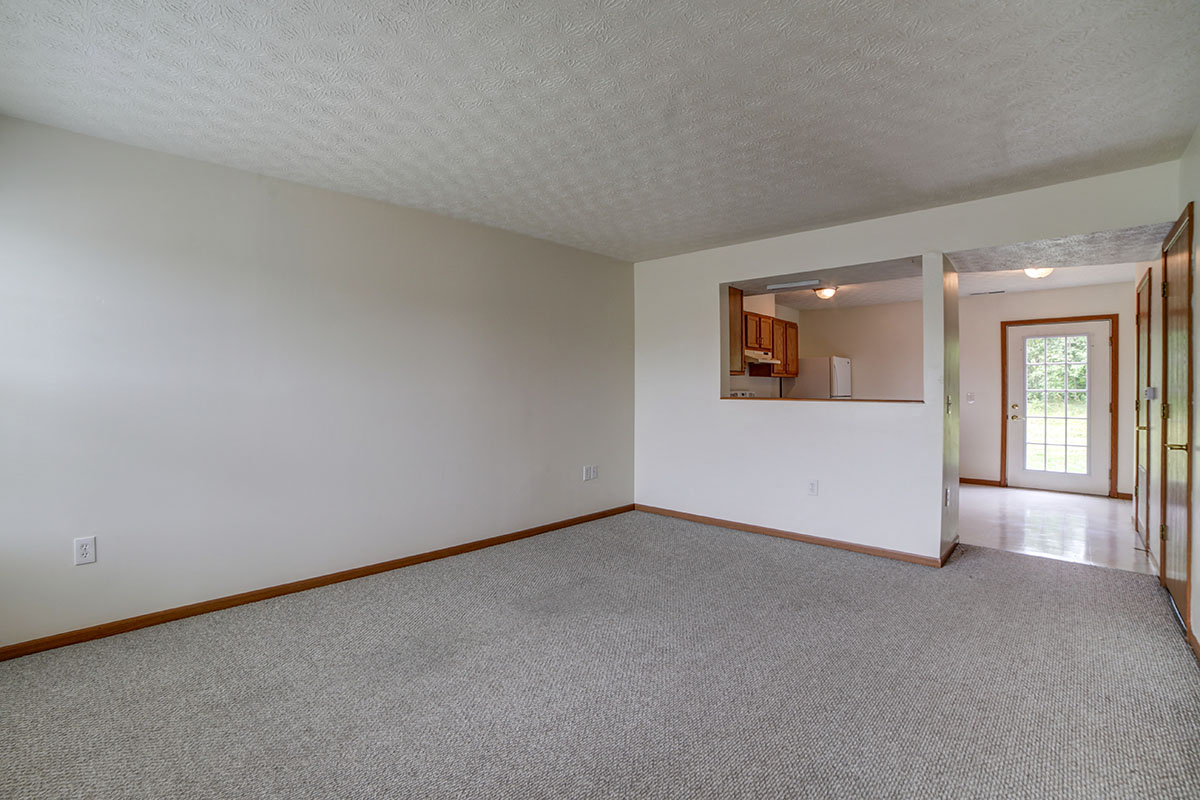 a living room with carpet and a door to a kitchen