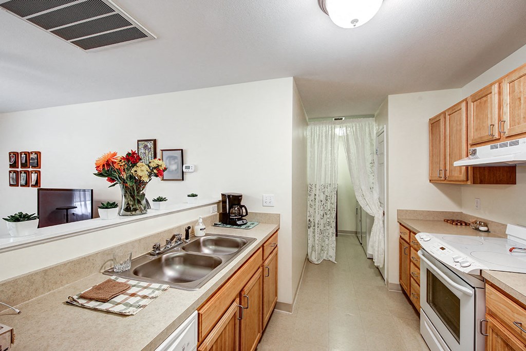 a kitchen with a sink and a stove