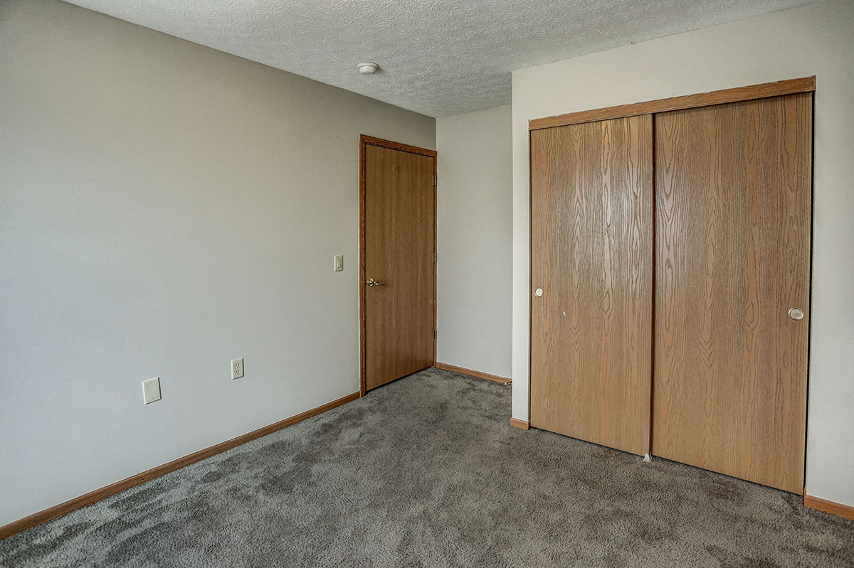a living room with carpet and two closet doors