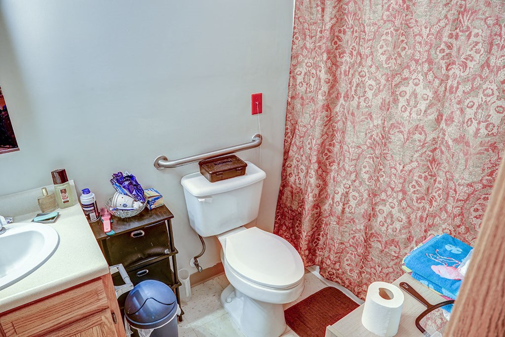 a bathroom with a toilet and a shower curtain