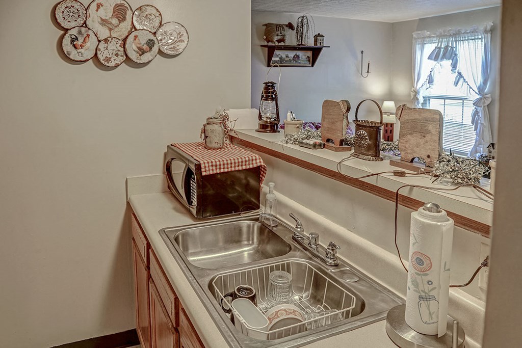 a kitchen with a sink and a toaster oven
