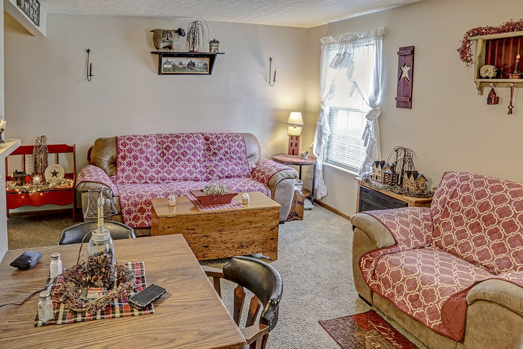 a living room with furniture and a table