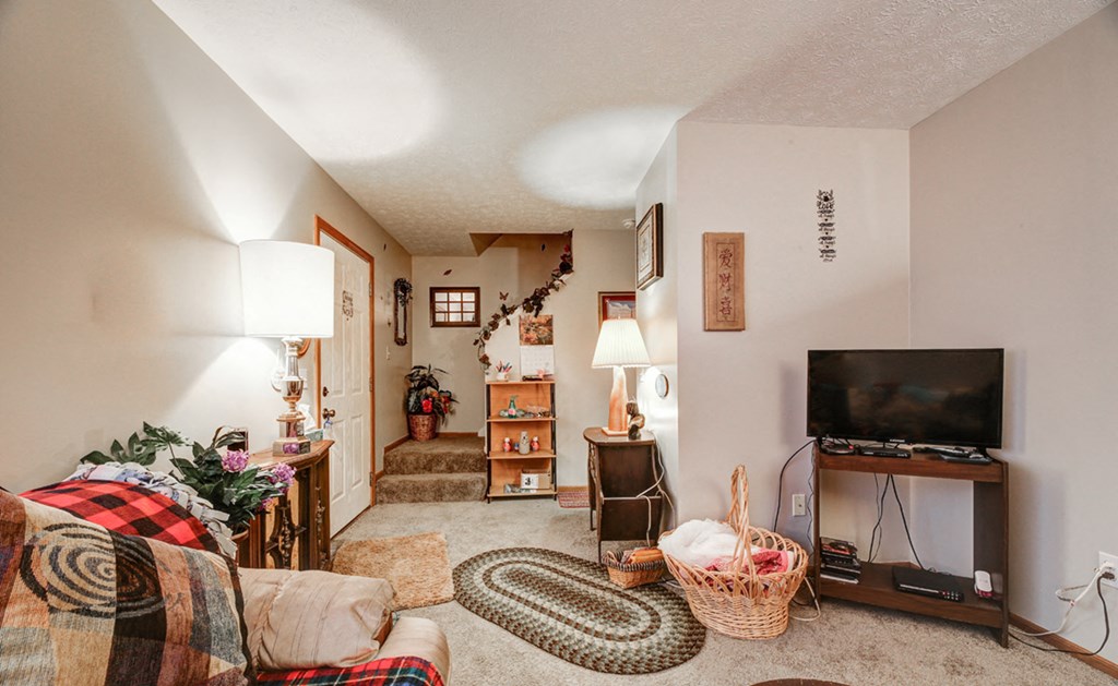 a living room with a couch and a tv