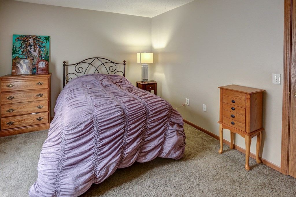 a bedroom with a bed and two dressers