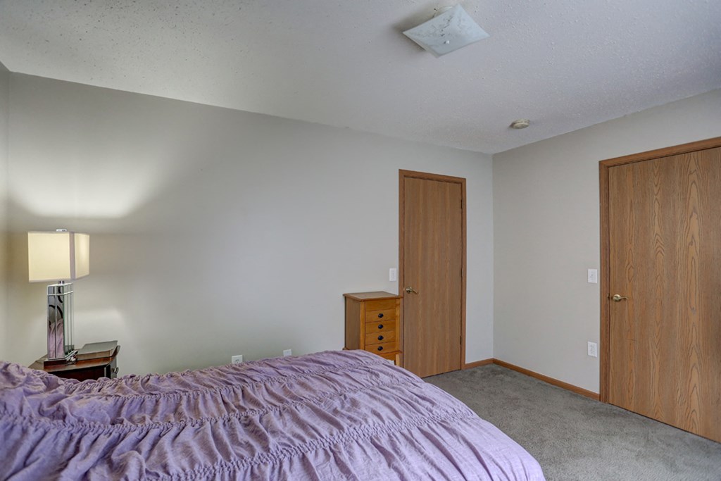 a bedroom with a bed and a closet and a door