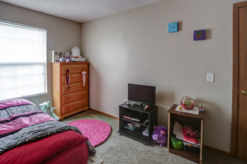 a bedroom with a bed and a television