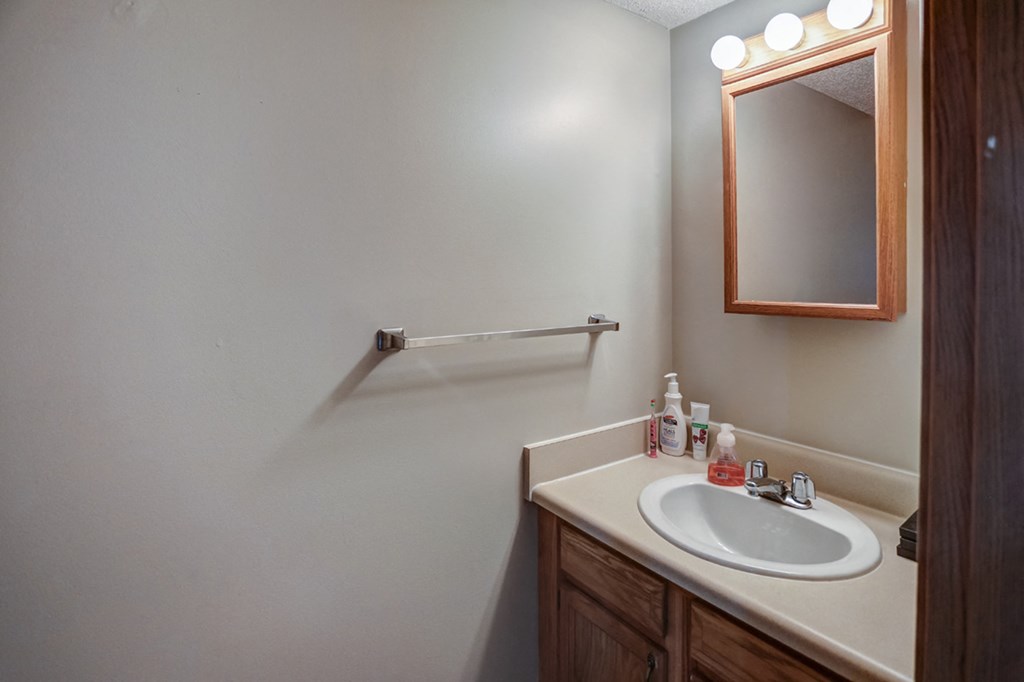 a small bathroom with a sink and a mirror