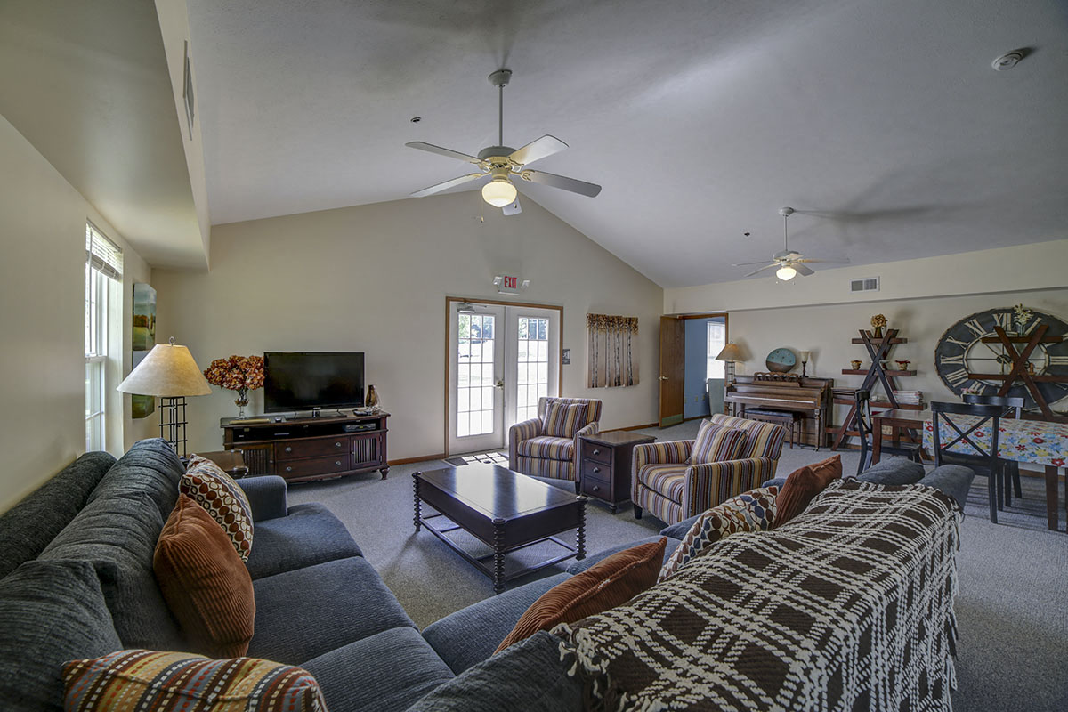 a living room with a couch and a ceiling fan