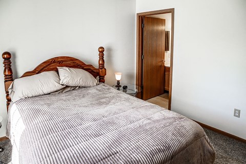 a bedroom with a bed and a door to a bathroom