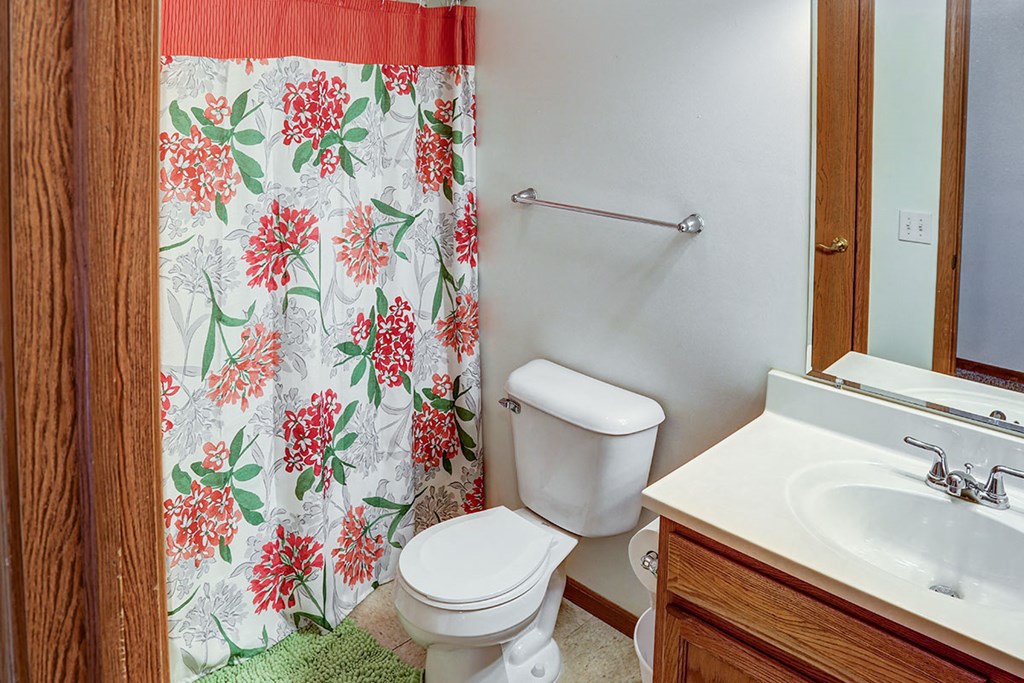 a bathroom with a shower curtain and a toilet and a sink