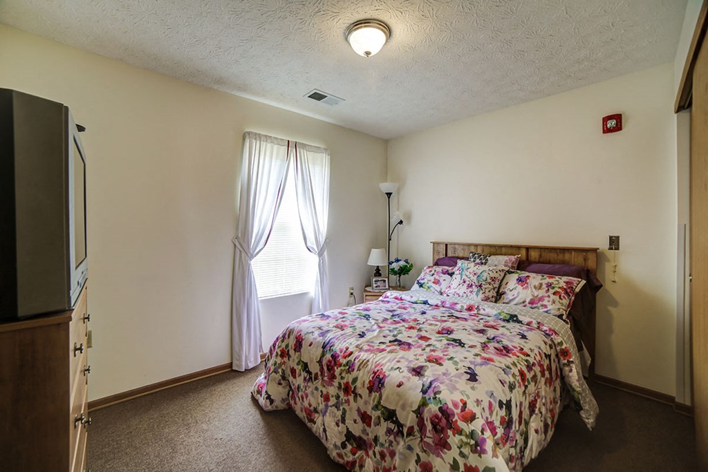 a bedroom with a bed and a tv