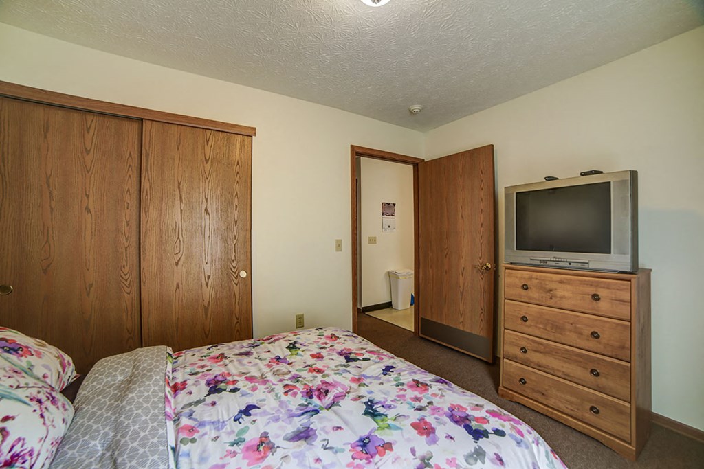 a bedroom with a bed and a television