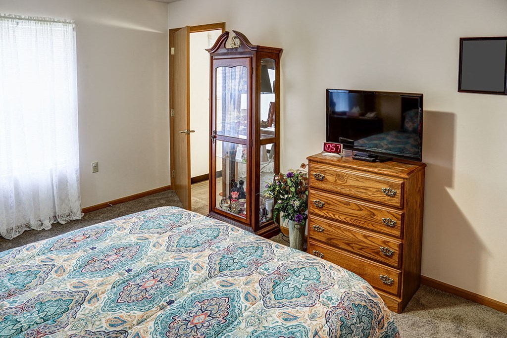 a bedroom with a bed and a dresser with a television
