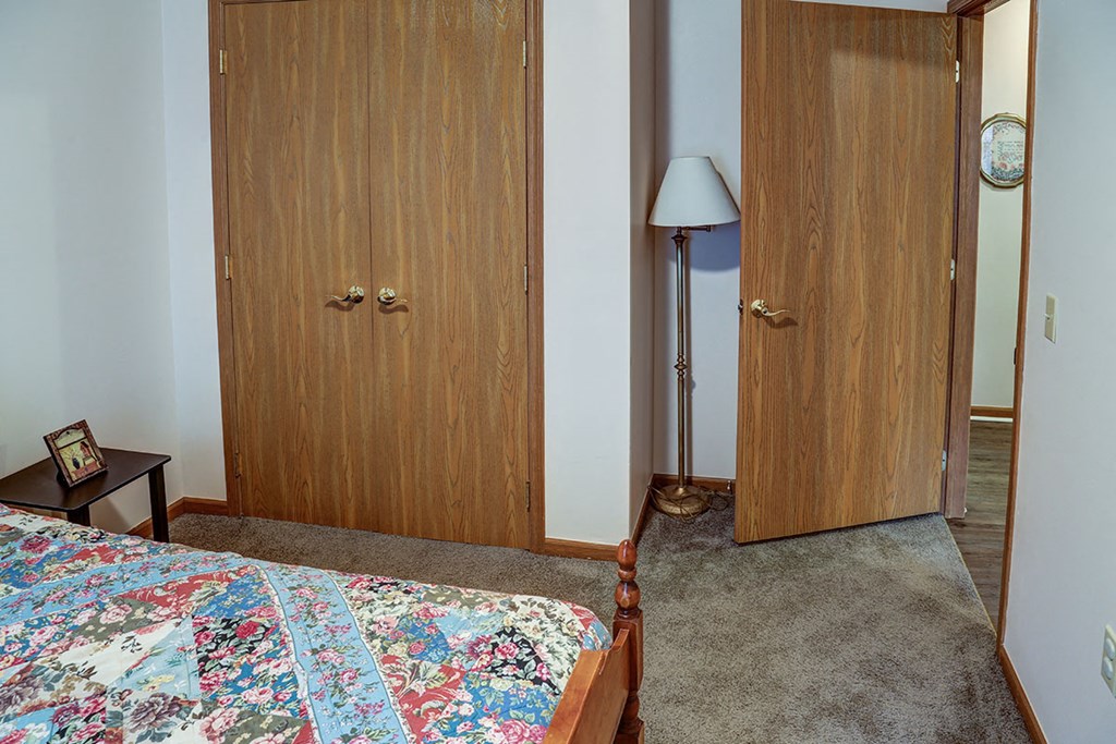 a bedroom with a bed and a closet