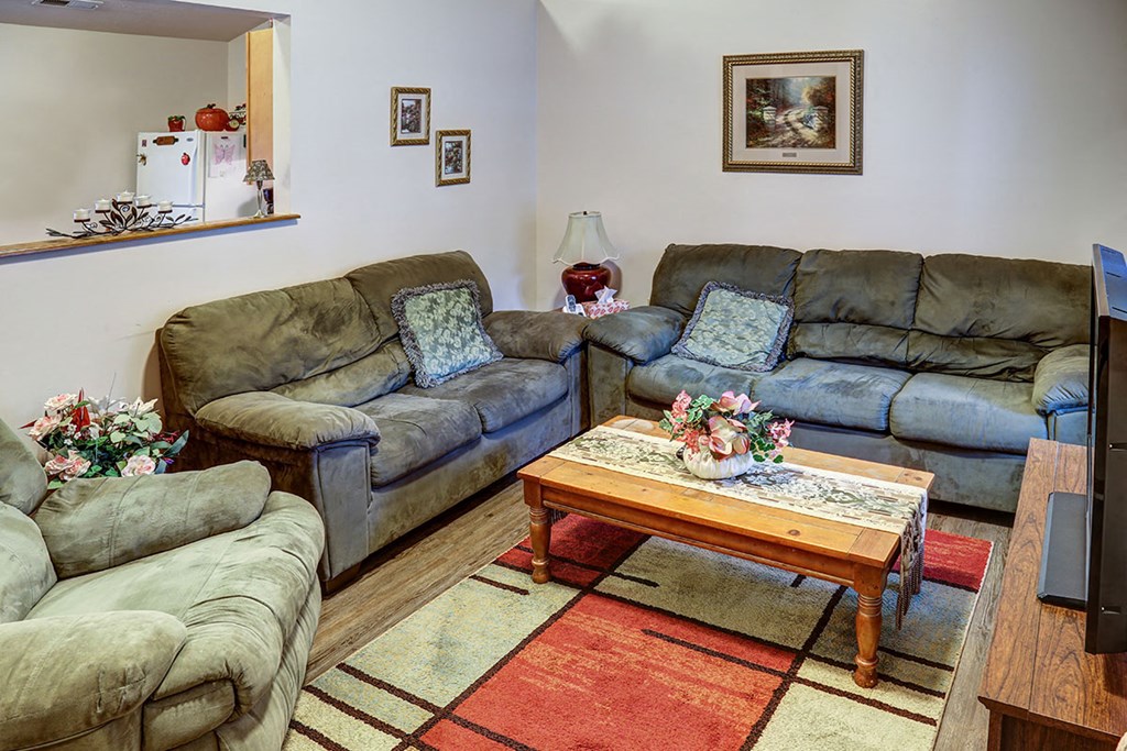 a living room with couches and a coffee table