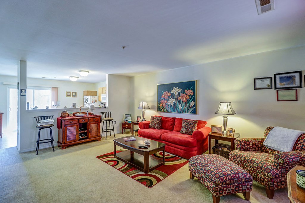 a living room with a couch and a table