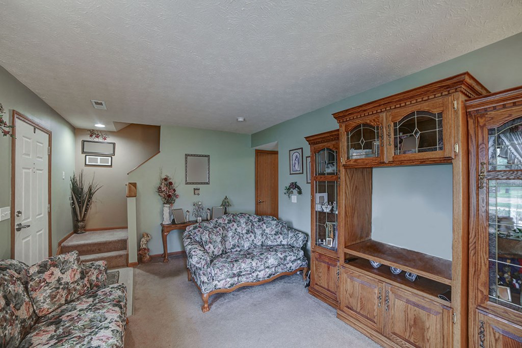a living room with a couch and a wooden entertainment center