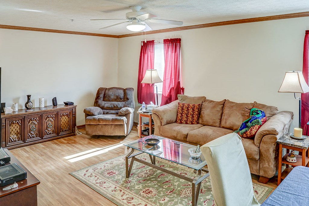 a living room with a couch and a coffee table