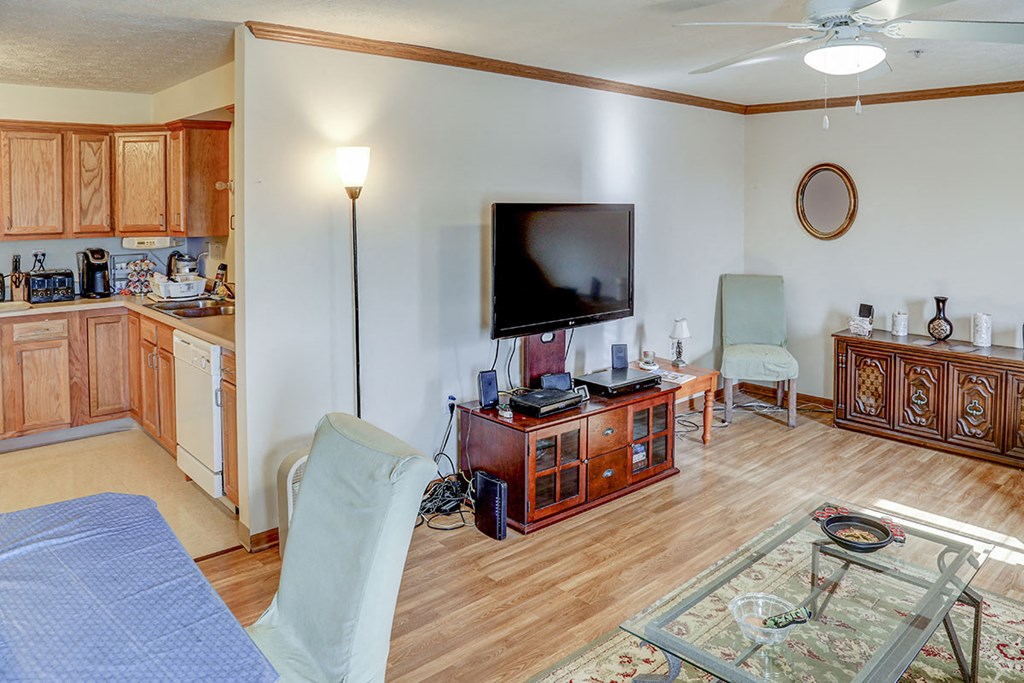 a living room and kitchen with a tv