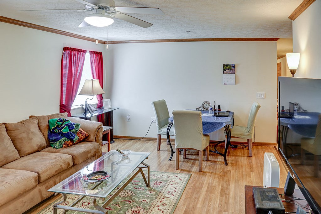 a living room and dining room with a couch and a table
