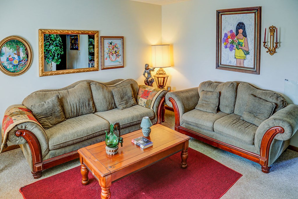a living room with two couches and a coffee table