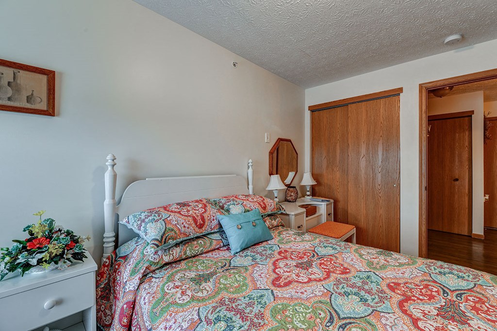 a bedroom with a bed and a dresser and a closet