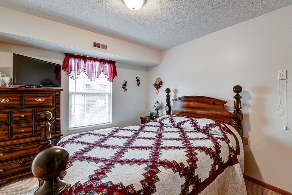 a bedroom with a bed and a tv