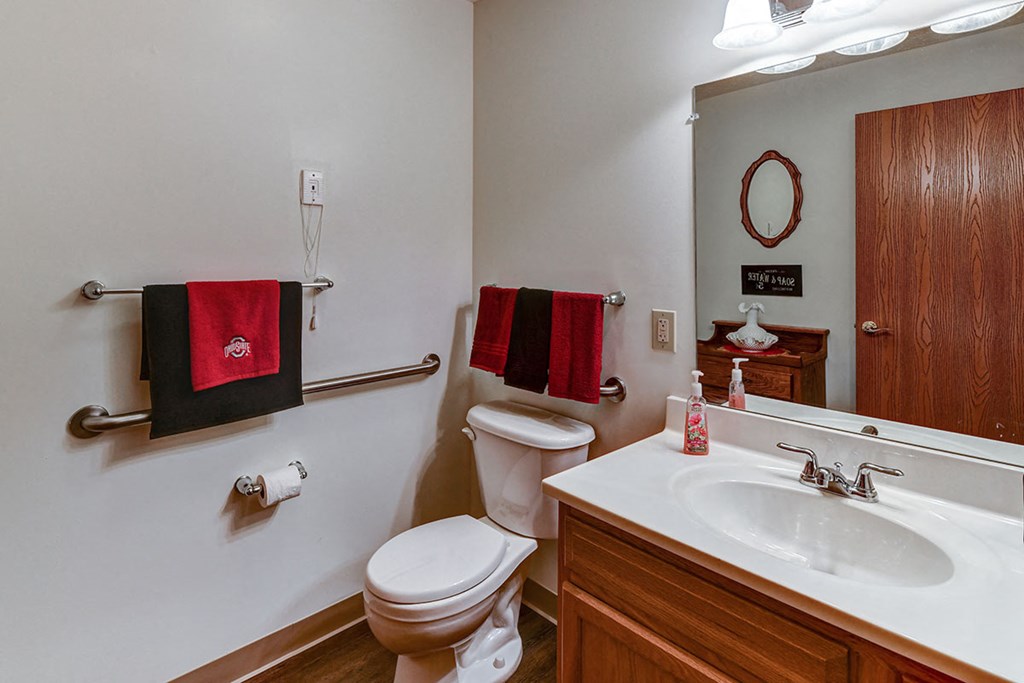 a bathroom with a sink toilet and a mirror
