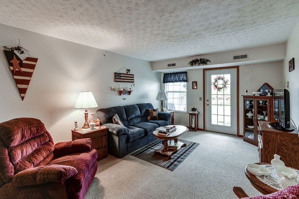 a living room with couches and a coffee table