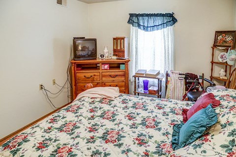 a bedroom with a bed and a dresser with a television