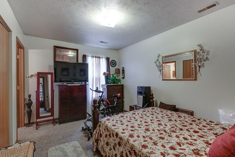 a bedroom with a bed and a tv
