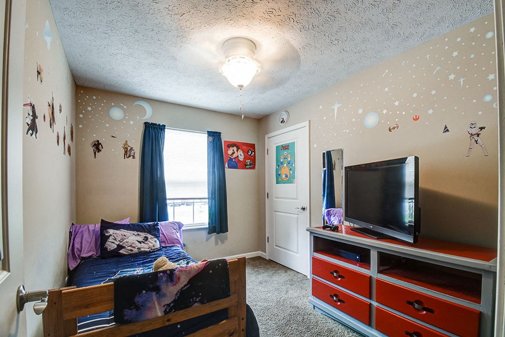 a bedroom with a bed and a tv