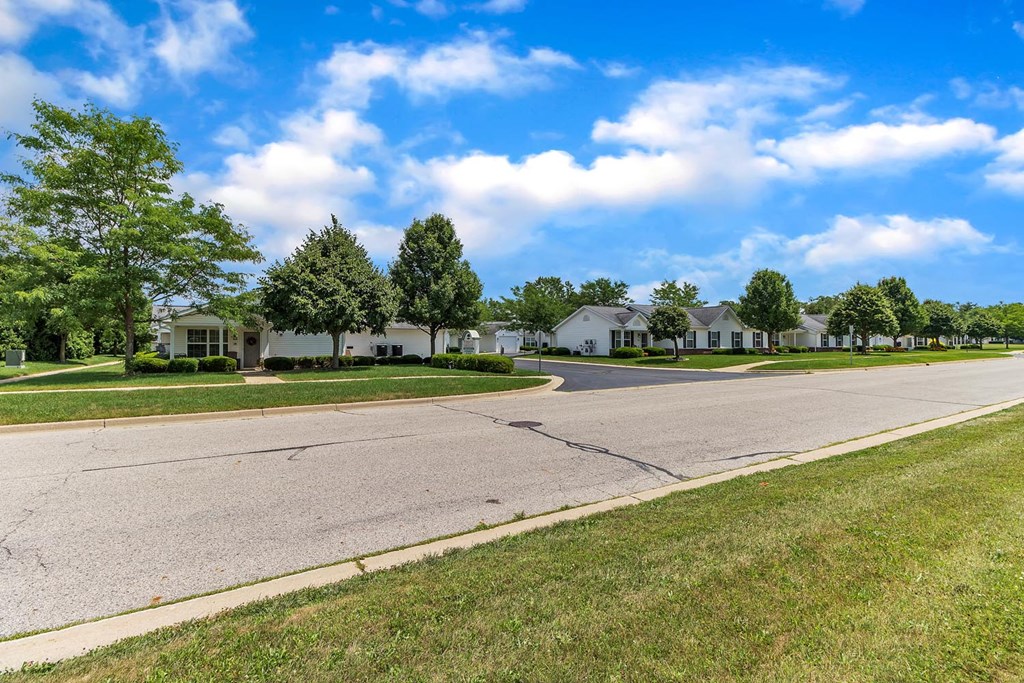 an empty street in a neighborhood with houses and trees
