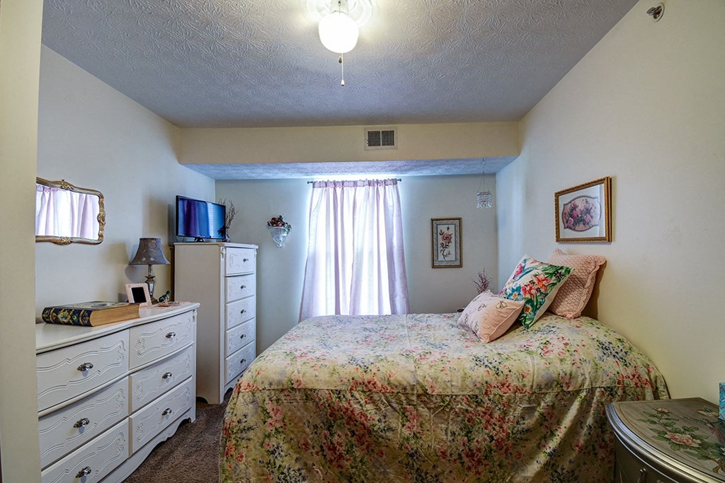 a bedroom with a bed and a dresser