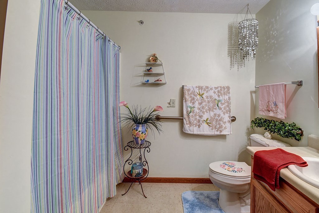 a bathroom with a shower curtain and a toilet and a sink