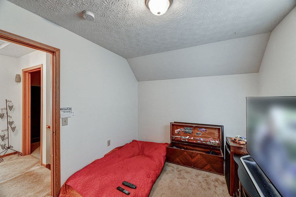 a bedroom with a bed and a tv