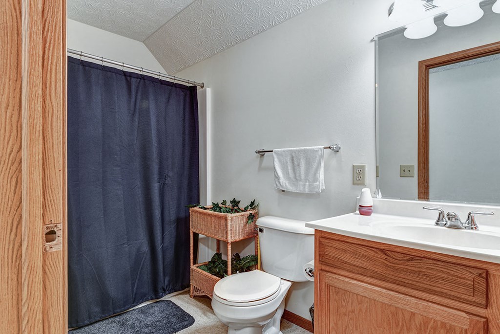 a bathroom with a blue shower curtain and a toilet
