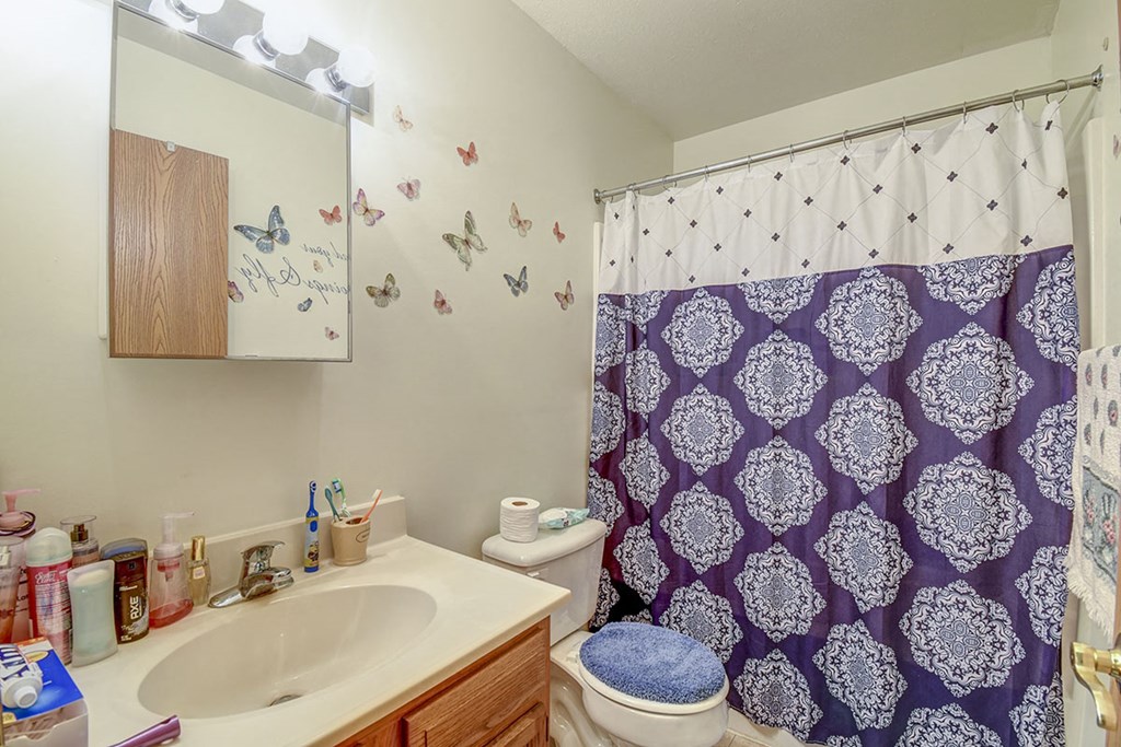 a bathroom with a purple shower curtain and a sink