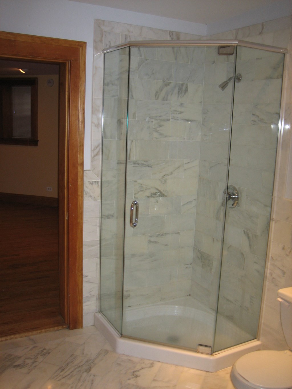 a shower in a bathroom with a glass door