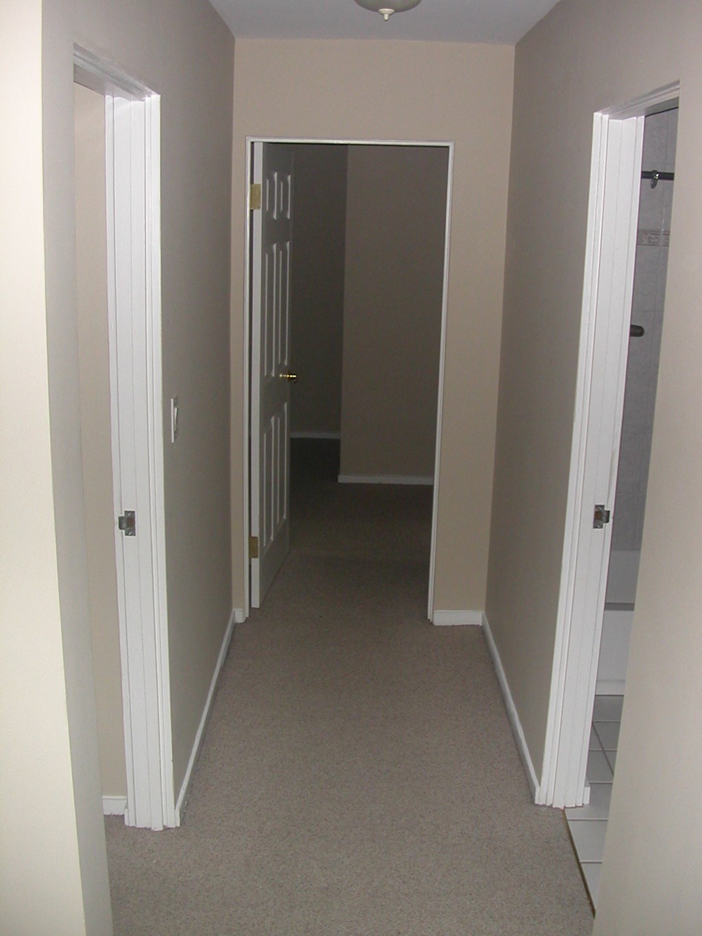 a hallway with a carpeted floor and a door to a closet
